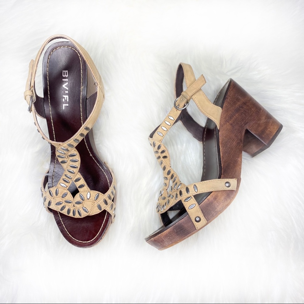 Biviel Wooden Leather Heel Sandals Size 9